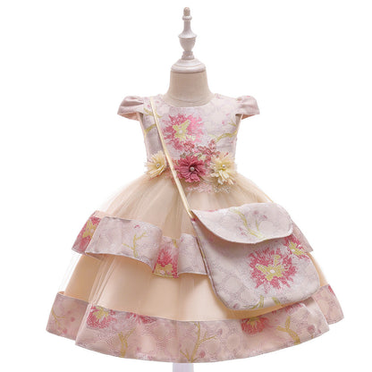 Girls Dress Embroidered Princess Dress Wedding Multi-layer Puffy Dress Costume With Bag - Amazhona 