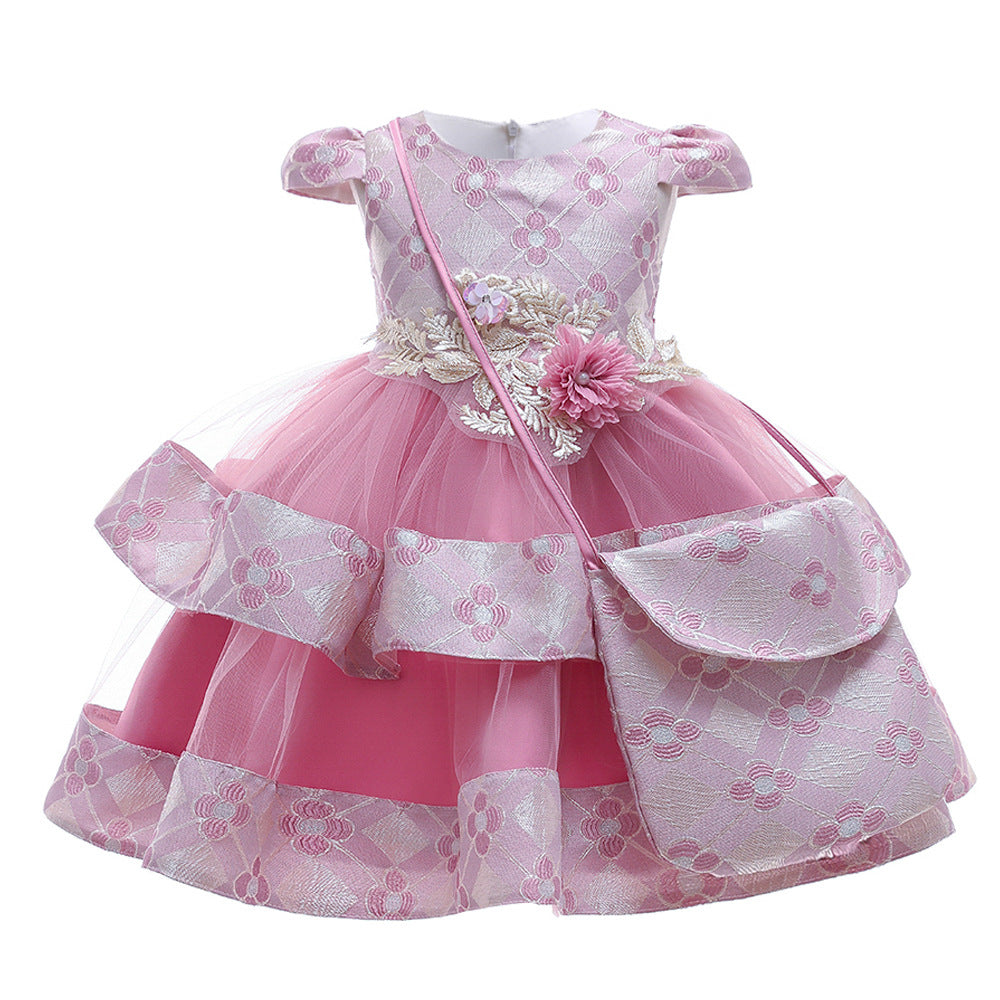 Girls Dress Embroidered Princess Dress Wedding Multi-layer Puffy Dress Costume With Bag - Amazhona 