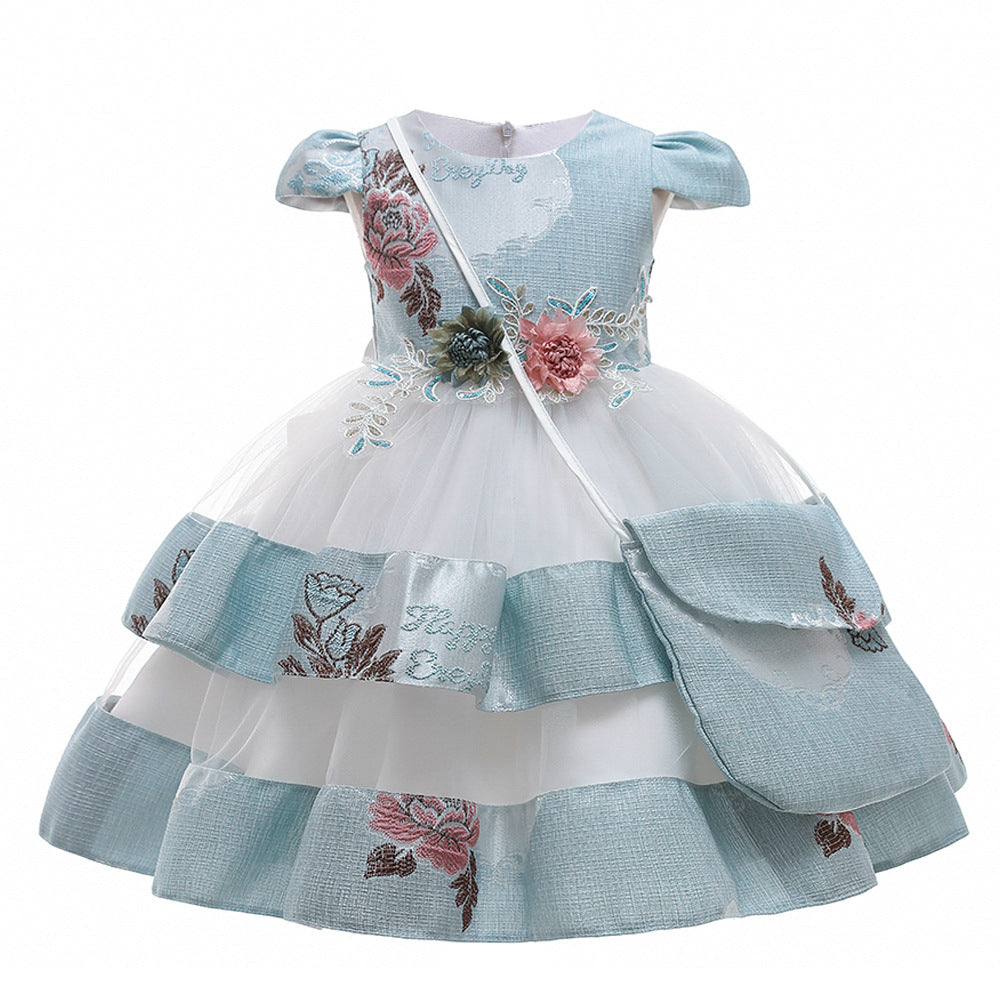 Girls Dress Embroidered Princess Dress Wedding Multi-layer Puffy Dress Costume With Bag - Amazhona 