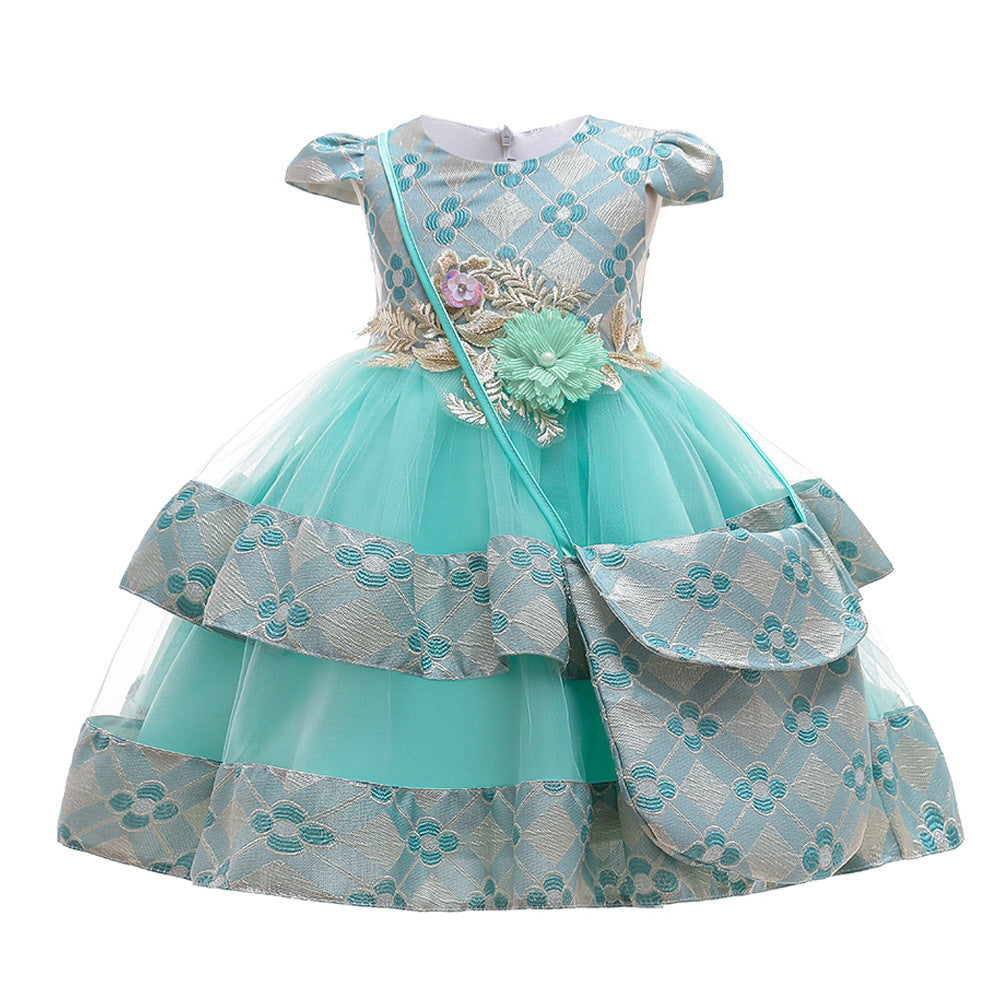 Girls Dress Embroidered Princess Dress Wedding Multi-layer Puffy Dress Costume With Bag - Amazhona 