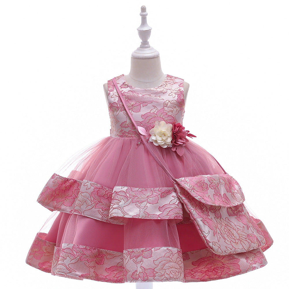 Girls Dress Embroidered Princess Dress Wedding Multi-layer Puffy Dress Costume With Bag - Amazhona 