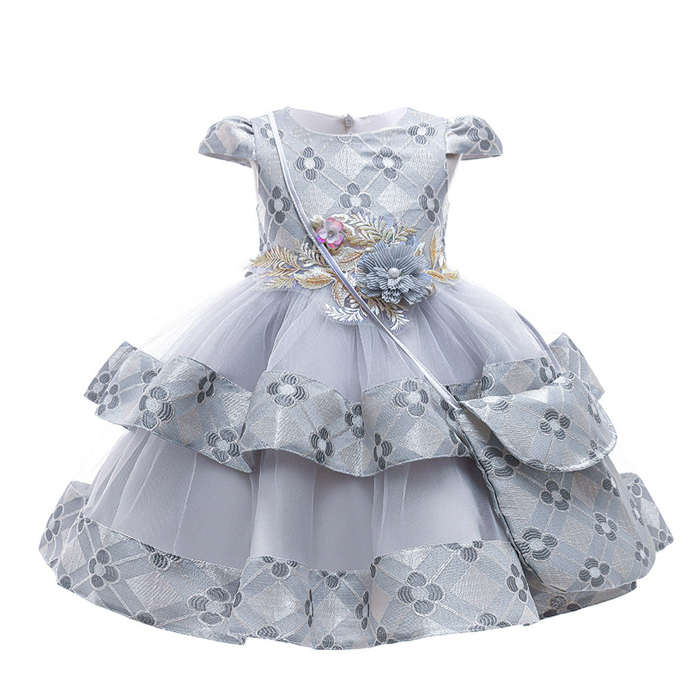 Girls Dress Embroidered Princess Dress Wedding Multi-layer Puffy Dress Costume With Bag - Amazhona 