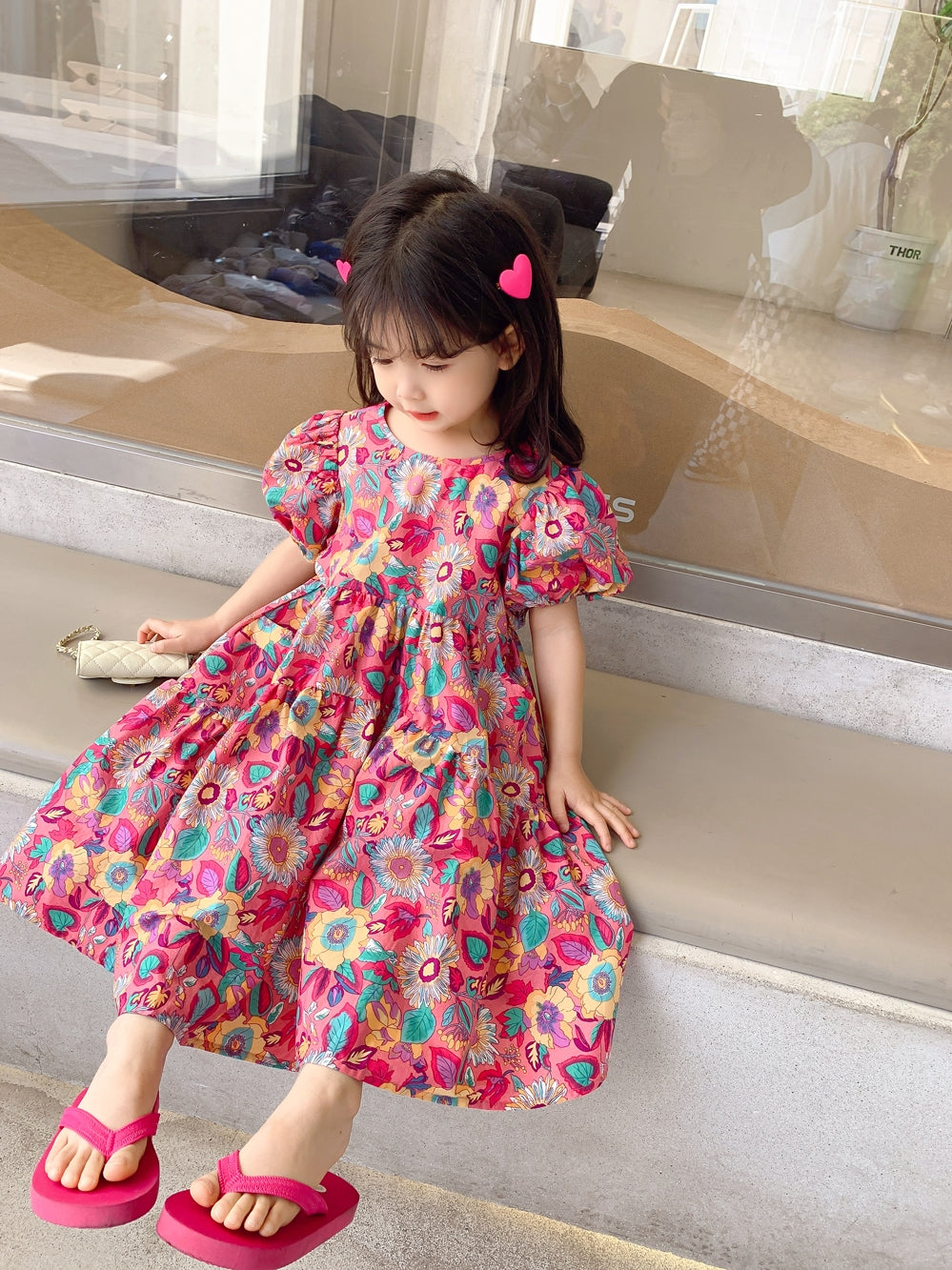 Girls' Floral Dress Short Sleeve Children's Western Style Baby - Amazhona 