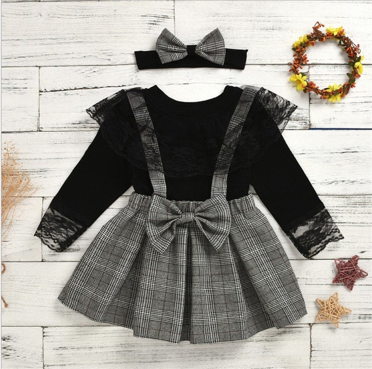 Girls Plaid Strap Lace Lace Skirt Suit Boy Pants Suit - Amazhona 