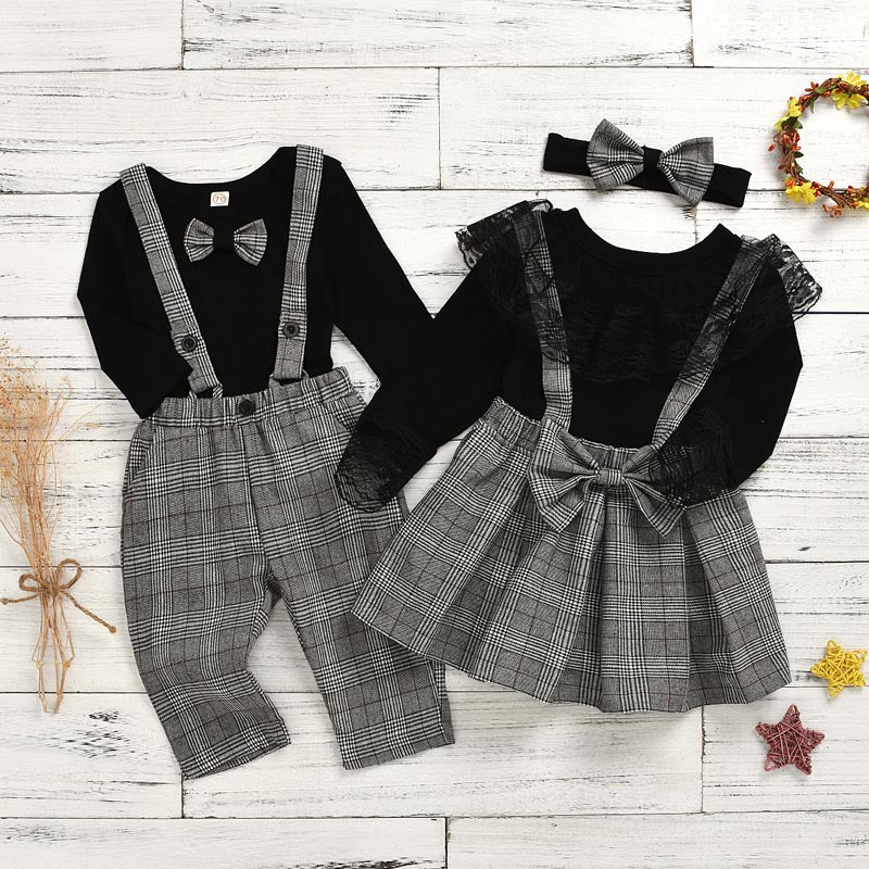 Girls Plaid Strap Lace Lace Skirt Suit Boy Pants Suit - Amazhona 