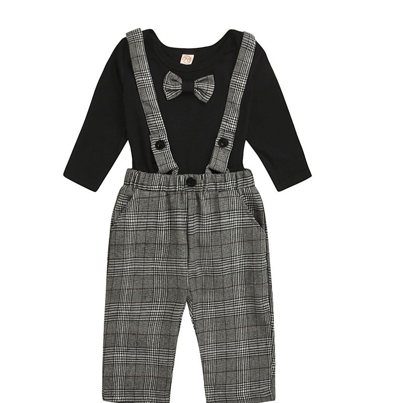 Girls Plaid Strap Lace Lace Skirt Suit Boy Pants Suit - Amazhona 