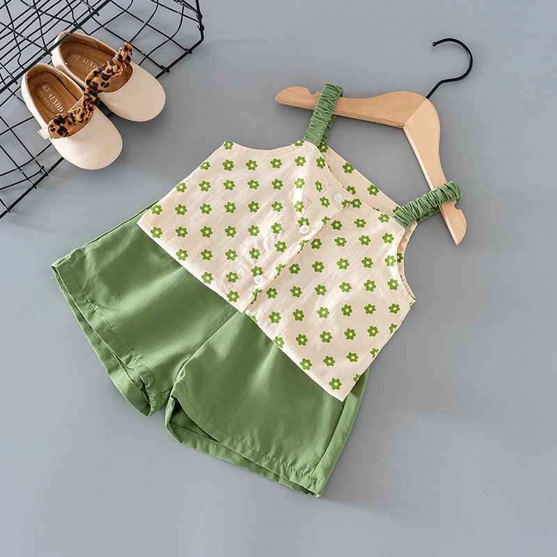 Green Flower Camisole Top And  Shorts Two-piece Suit - Amazhona 