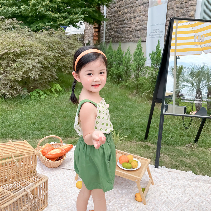 Green Flower Camisole Top And  Shorts Two-piece Suit - Amazhona 