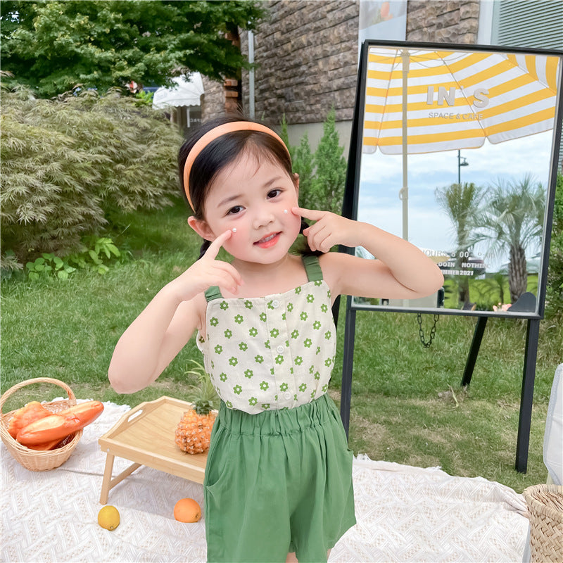 Green Flower Camisole Top And  Shorts Two-piece Suit - Amazhona 