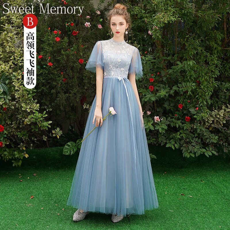 Grey Blue Bridesmaid Dresses O1090 Custom Made Lace Up Sweet Memory Princess Vestidos Women Netting Tulle Wedding Guest Dress - Amazhona 