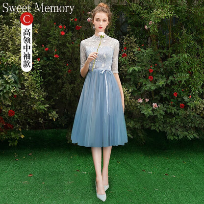 Grey Blue Bridesmaid Dresses O1090 Custom Made Lace Up Sweet Memory Princess Vestidos Women Netting Tulle Wedding Guest Dress - Amazhona 