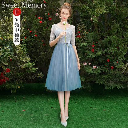 Grey Blue Bridesmaid Dresses O1090 Custom Made Lace Up Sweet Memory Princess Vestidos Women Netting Tulle Wedding Guest Dress - Amazhona 