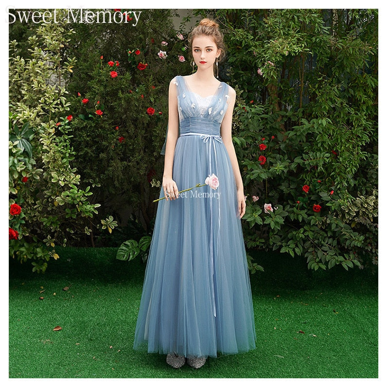 Grey Blue Bridesmaid Dresses O1090 Custom Made Lace Up Sweet Memory Princess Vestidos Women Netting Tulle Wedding Guest Dress - Amazhona 