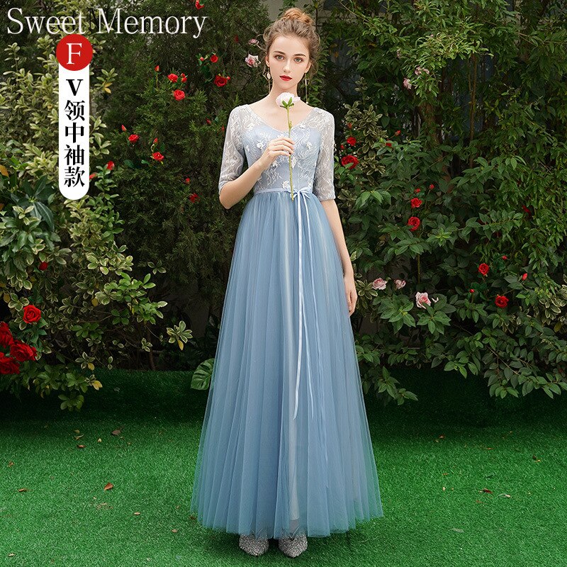 Grey Blue Bridesmaid Dresses O1090 Custom Made Lace Up Sweet Memory Princess Vestidos Women Netting Tulle Wedding Guest Dress - Amazhona 