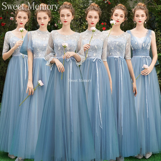 Grey Blue Bridesmaid Dresses O1090 Custom Made Lace Up Sweet Memory Princess Vestidos Women Netting Tulle Wedding Guest Dress - Amazhona 