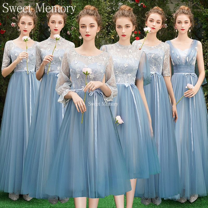 Grey Blue Bridesmaid Dresses O1090 Custom Made Lace Up Sweet Memory Princess Vestidos Women Netting Tulle Wedding Guest Dress - Amazhona 