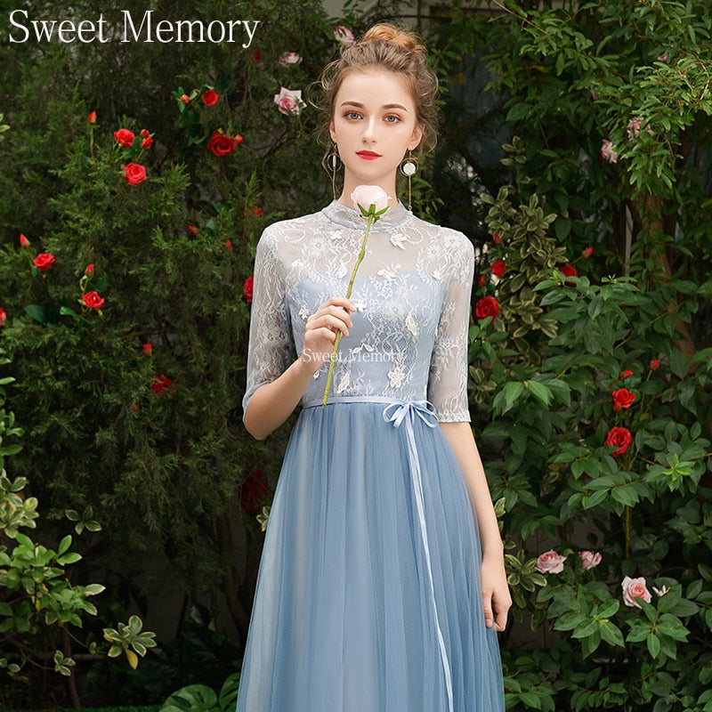 Grey Blue Bridesmaid Dresses O1090 Custom Made Lace Up Sweet Memory Princess Vestidos Women Netting Tulle Wedding Guest Dress - Amazhona 