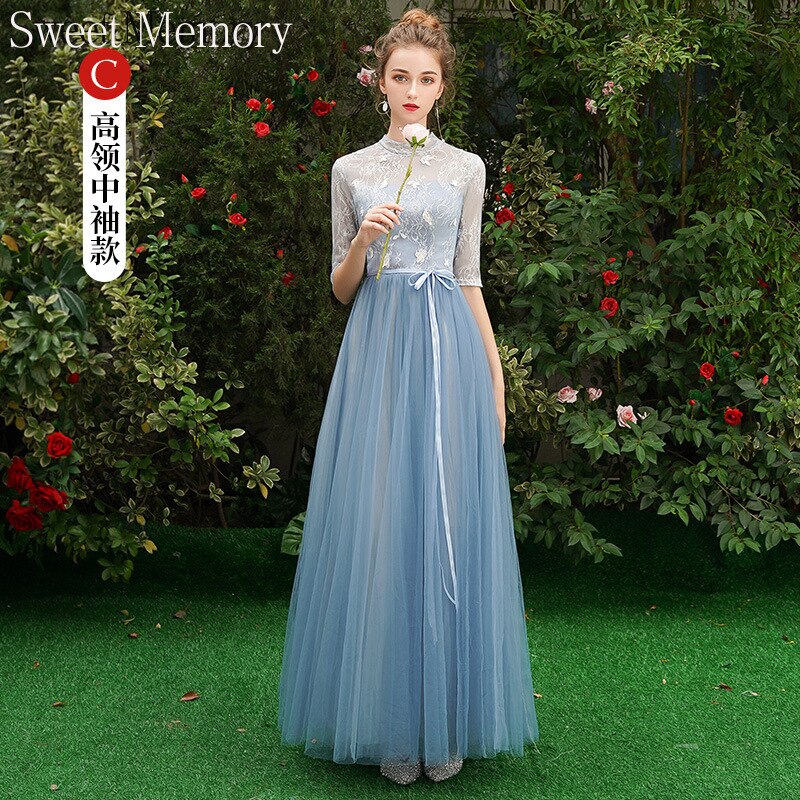 Grey Blue Bridesmaid Dresses O1090 Custom Made Lace Up Sweet Memory Princess Vestidos Women Netting Tulle Wedding Guest Dress - Amazhona 