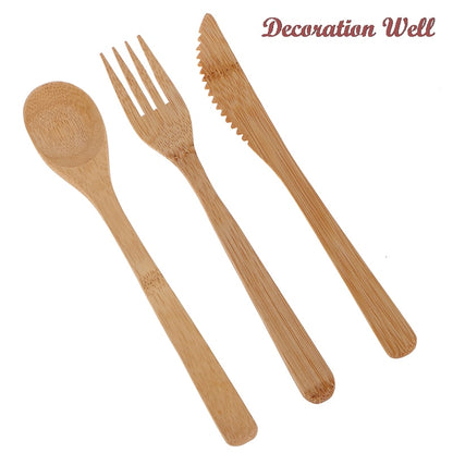 3Pcs/Set Natural Bamboo Wooden Cutlery Set Fork Cutter Cutting Reusable Kitchen Tableware New - Amazhona 