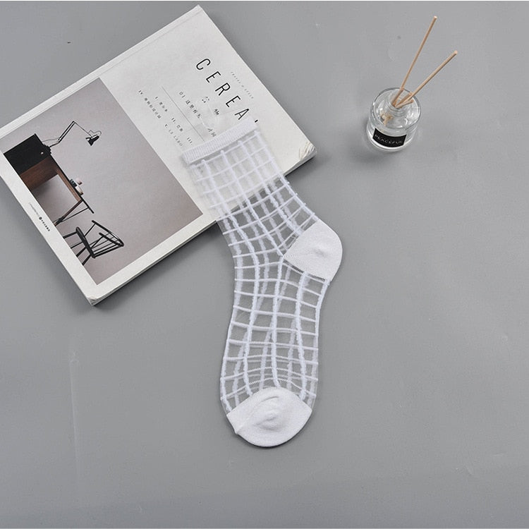 Sexy Lace Mesh Transparent Women Socks Summer Fashion Crystal Silk Tide Socks Lady Black White Fishnet Socks Quality Cool Sox - Amazhona 