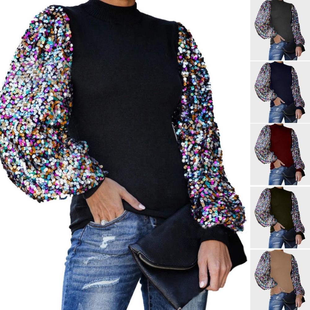 blusas de mujer Women Blouses 2020 Fashion Women Autumn Winter Mock Neck Sequins Patchwork Long Puff Sleeve Blouse Shirt Top - Amazhona 