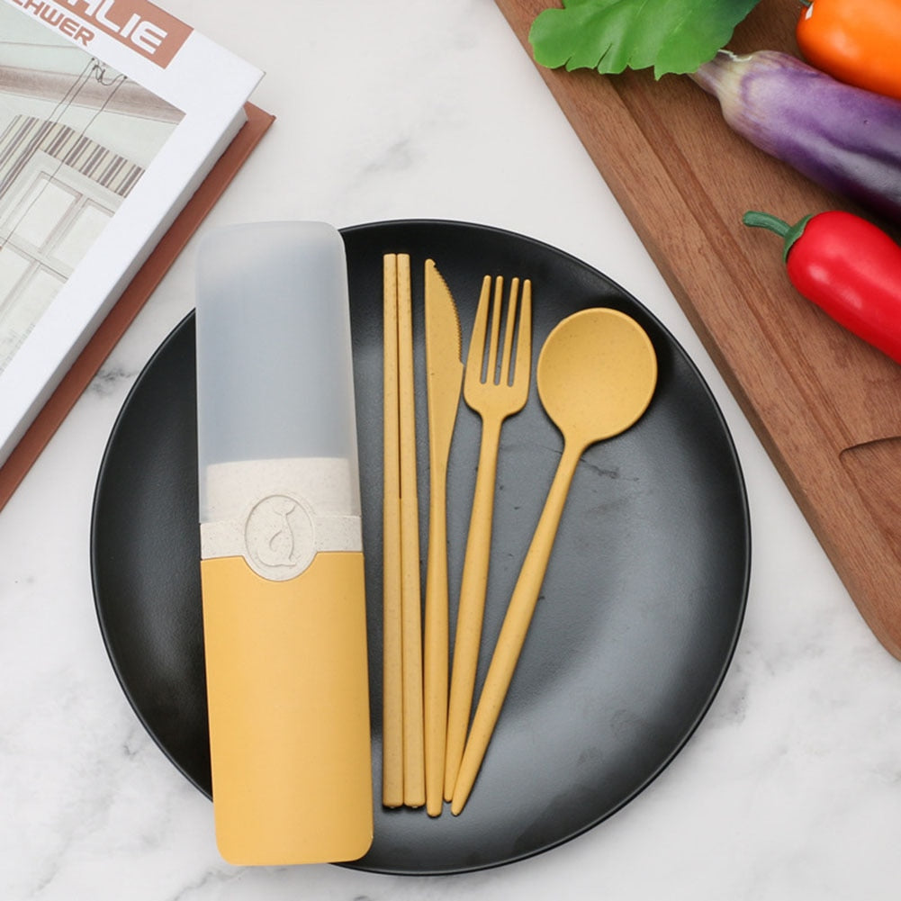 Portable Reusable Spoon Fork Chopsticks Knife Wheat Straw Tableware Cutlery Set Travel Picnic Camping Dinnerware Kits - Amazhona 