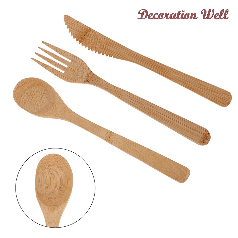 3Pcs/Set Natural Bamboo Wooden Cutlery Set Fork Cutter Cutting Reusable Kitchen Tableware New - Amazhona 