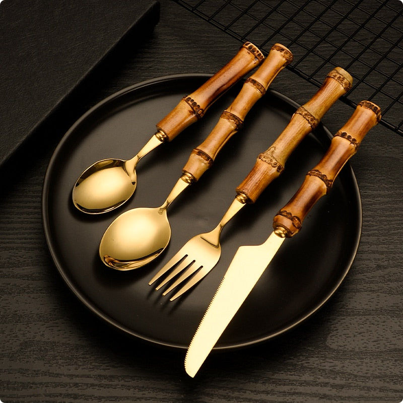 Bamboo Cutlery Set 1pc/4pcs Stainless Steel Golden Tableware Knife Fork Spoon Flatware Dishwasher Safe Silverware Dinnerware Set - Amazhona 