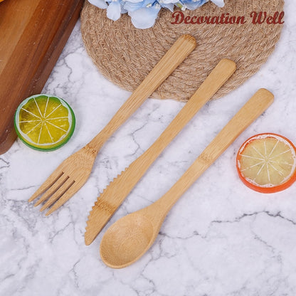 3Pcs/Set Natural Bamboo Wooden Cutlery Set Fork Cutter Cutting Reusable Kitchen Tableware New - Amazhona 