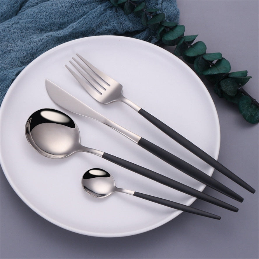 Black Silver Fork Spoon Knife Stainless Steel Cutlery Set Silverware Tableware Chopsticks Dinnerware IceTea Spoon Flatware Set - Amazhona 