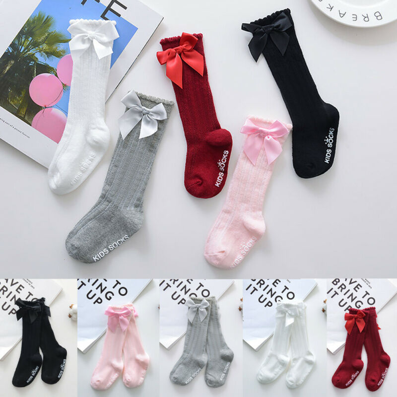 Princess Baby Kids Socks Girls Big Bow Knee High Long Soft Cotton Lace Baby Socks Christmas Winter Non-slip 100% Cotton Socks - Amazhona 