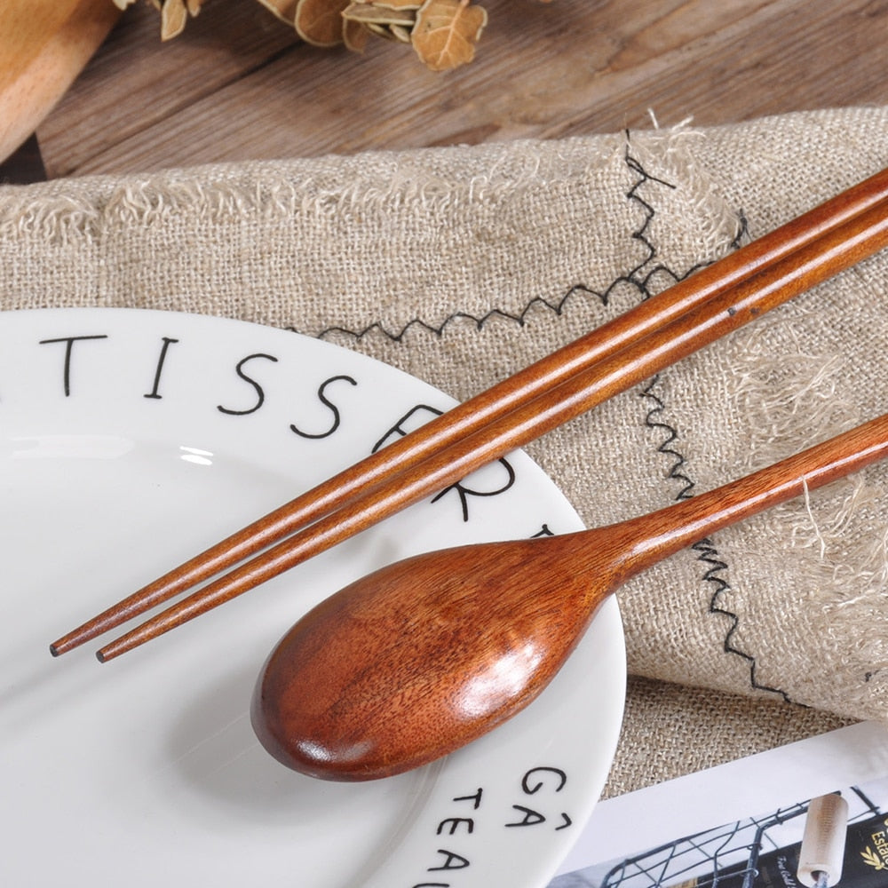 Japanese Wooden Tableware Set Portable Chopsticks Spoon Cutlery Set Travel Dinnerware Suit 1 Pairs Chopstick +1 Spoons 2022 New - Amazhona 