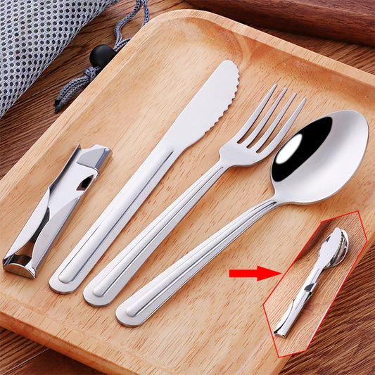 4-in-1 Portable stainless steel Cutlery Set silverware Camping Spoon Fork Knife and Can/Bottle Opener Military Camping Utensils - Amazhona 