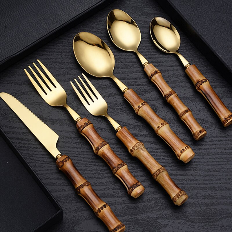 Bamboo Cutlery Set 1pc/4pcs Stainless Steel Golden Tableware Knife Fork Spoon Flatware Dishwasher Safe Silverware Dinnerware Set - Amazhona 