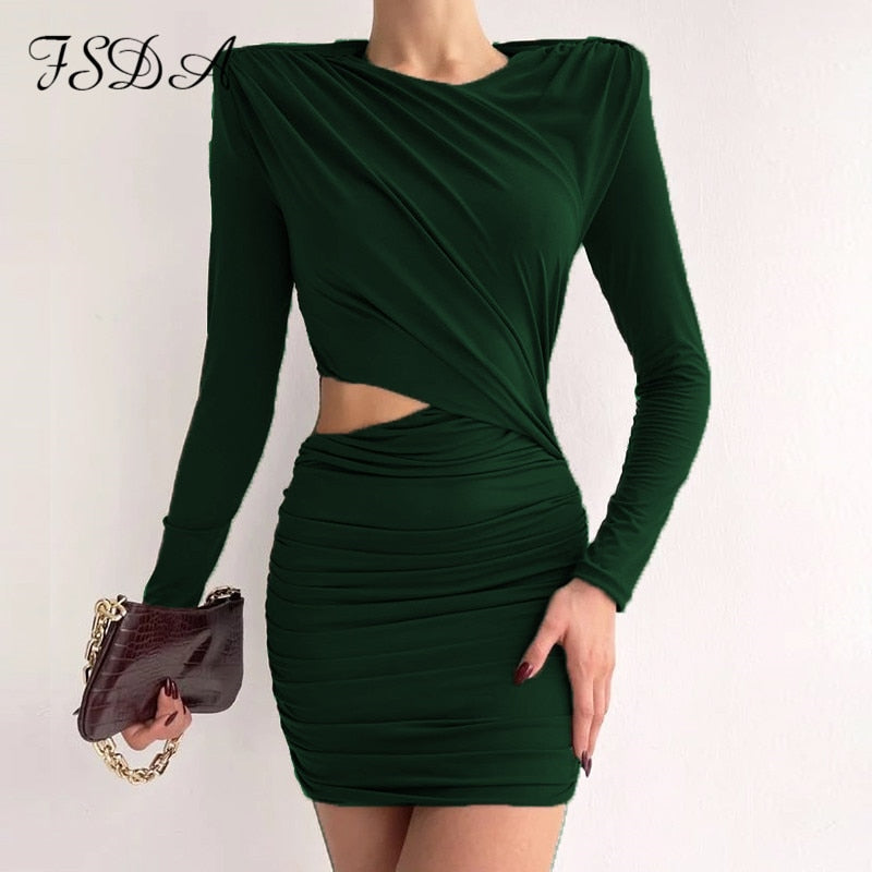 FSDA 2021 Hollow Out Bodycon Dress Mini Women Brown Autumn Winter Sexy O Neck Long Sleeve Elegant Party Dresses Black Club - Amazhona 