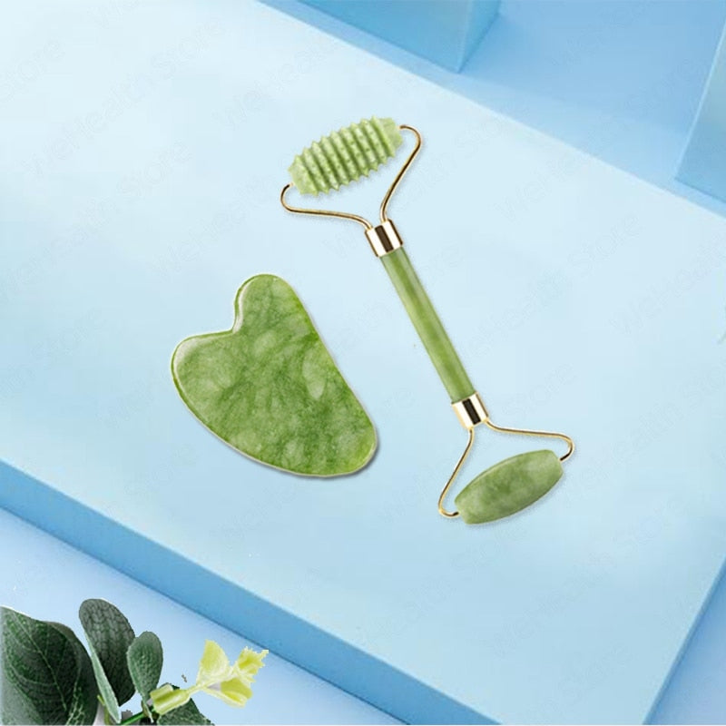 Natural Face Massager Gua Sha Jade Roller Face Massage Tool Set Face For Massager Guasha Facial Neck Skin Beauty Care Set - Amazhona 