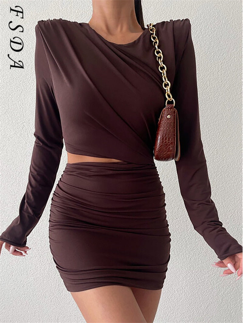 FSDA 2021 Hollow Out Bodycon Dress Mini Women Brown Autumn Winter Sexy O Neck Long Sleeve Elegant Party Dresses Black Club - Amazhona 