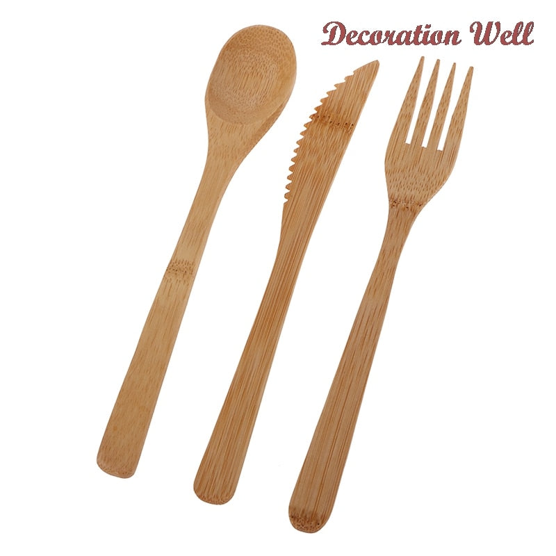 3Pcs/Set Natural Bamboo Wooden Cutlery Set Fork Cutter Cutting Reusable Kitchen Tableware New - Amazhona 