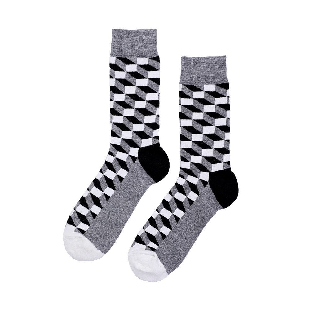 Men Socks Cozy Combed Cotton Funny Fantasy Diamond Lattice Wave Point Pattern Casual Happy Novelty Party Gifts Socks - Amazhona 