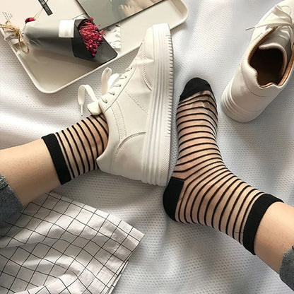 Sexy Lace Mesh Transparent Women Socks Summer Fashion Crystal Silk Tide Socks Lady Black White Fishnet Socks Quality Cool Sox - Amazhona 