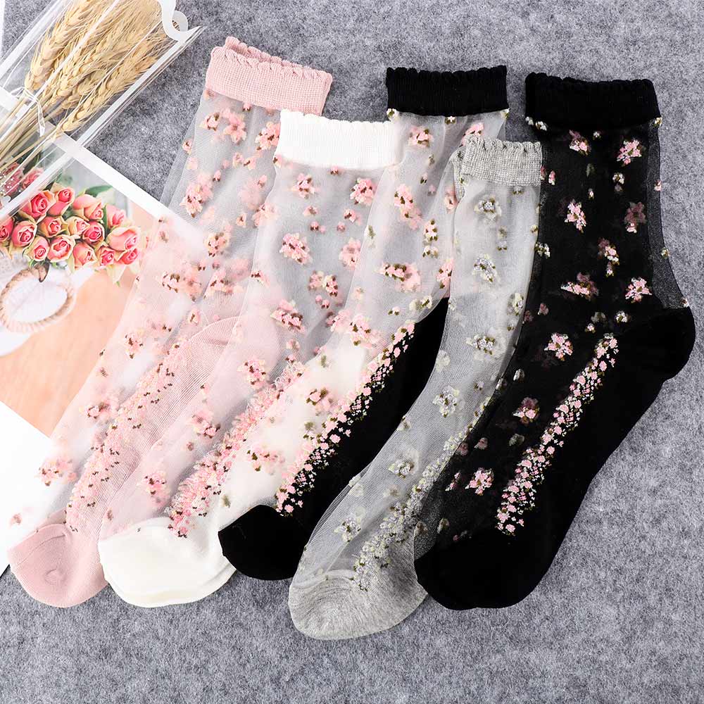 1 Pair Breathable Ultra Thin Socks Summer Women Transparent Lace Silk Crystal Rose Flower Girls Elastic Short Socks Female Sox - Amazhona 