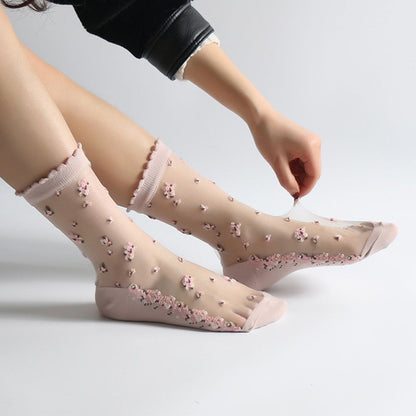 1 Pair Breathable Ultra Thin Socks Summer Women Transparent Lace Silk Crystal Rose Flower Girls Elastic Short Socks Female Sox - Amazhona 