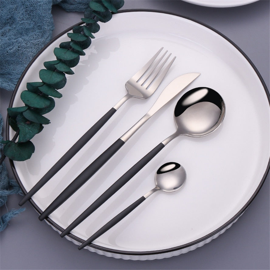 Black Silver Fork Spoon Knife Stainless Steel Cutlery Set Silverware Tableware Chopsticks Dinnerware IceTea Spoon Flatware Set - Amazhona 