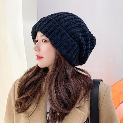 Korean Windproof Hat Winter Solid Color Thick Woolen Hats For Women Ski Slouchy Cap Skull Winter Wool Warm Caps Warm Beanies - Amazhona 