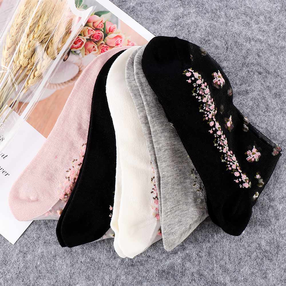 1 Pair Breathable Ultra Thin Socks Summer Women Transparent Lace Silk Crystal Rose Flower Girls Elastic Short Socks Female Sox - Amazhona 