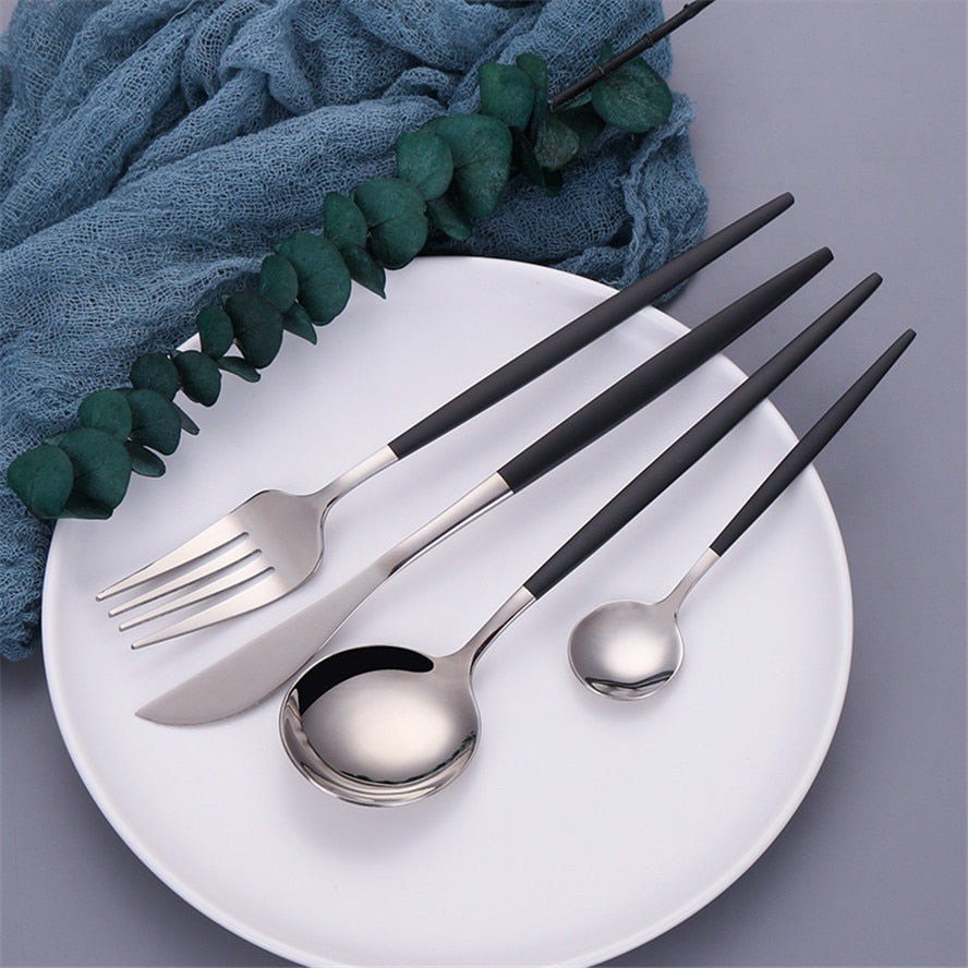 Black Silver Fork Spoon Knife Stainless Steel Cutlery Set Silverware Tableware Chopsticks Dinnerware IceTea Spoon Flatware Set - Amazhona 