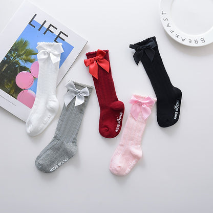 Princess Baby Kids Socks Girls Big Bow Knee High Long Soft Cotton Lace Baby Socks Christmas Winter Non-slip 100% Cotton Socks - Amazhona 