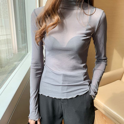 blusas de muje Size M-3XL Girls Mesh Blouses Shirts Tees Female Autumn Transparent Full Sleeve Turtleneck Thin Blouse Tops Undershirts Women - Amazhona 