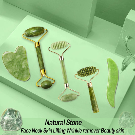 Natural Face Massager Gua Sha Jade Roller Face Massage Tool Set Face For Massager Guasha Facial Neck Skin Beauty Care Set - Amazhona 