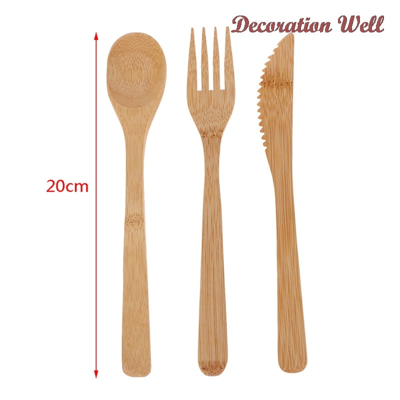 3Pcs/Set Natural Bamboo Wooden Cutlery Set Fork Cutter Cutting Reusable Kitchen Tableware New - Amazhona 